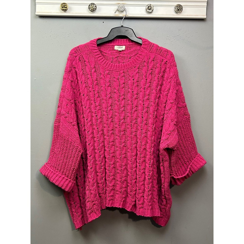 Umgee Sweater Womens L Pink Cable Knit Chenille Oversized Dolman Chunky Hot Pink